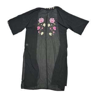 Blue Rain Francescas Black Sheer Floral Embroidered Kimono Duster Medium NWT